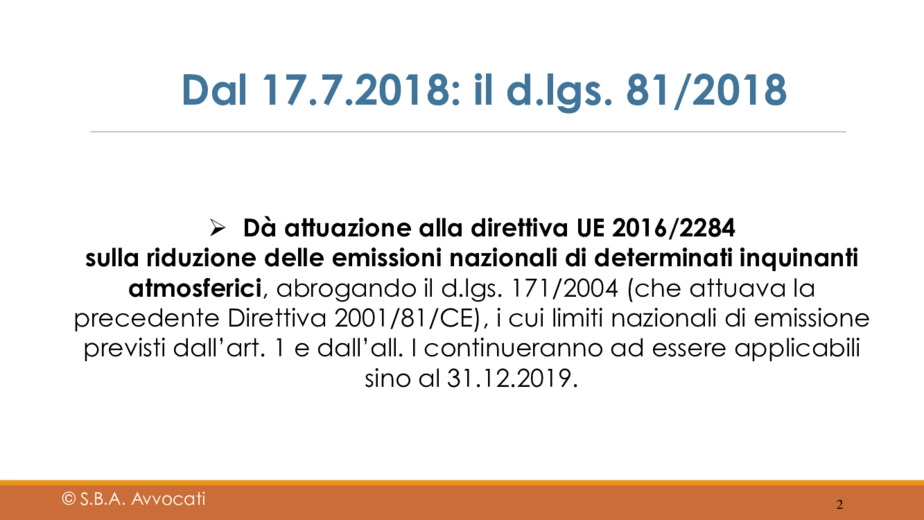 La riduzione delle emissioni nazionali di inquinanti atmosferici prevista con recepimento della Direttiva UE 2016/2284