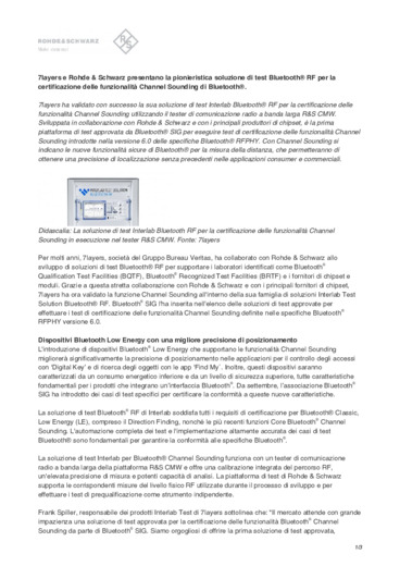 7layers e Rohde & Schwarz presentano la pionieristica soluzione di test Bluetooth RF per la certificazione delle funzionalit Channel Sounding