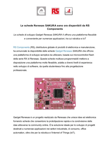 Le schede Renesas SAKURA sono ora disponibili da RS Components