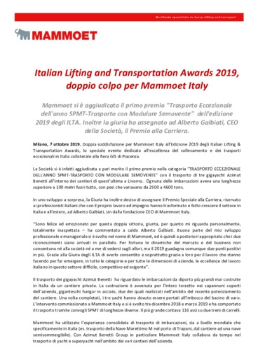 Mammoet ha vinto il primo premio "Trasporto Eccezionale dell