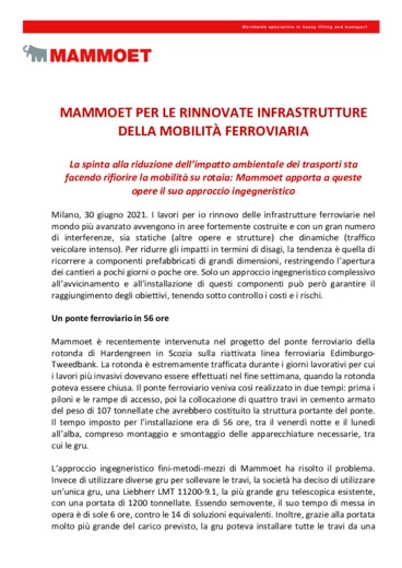 
 Mammoet per le rinnovate infrastrutture della mobilità ferroviaria
 