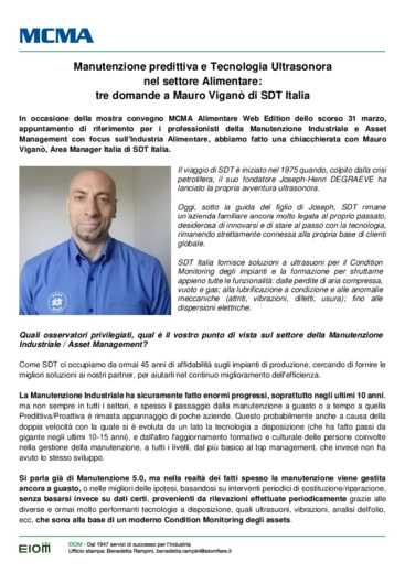 Manutenzione predittiva e Tecnologia Ultrasonora nel settore Alimentare: tre domande a Mauro Vigan di SDT Italia