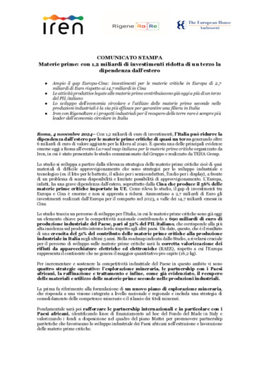 Materie prime: con 1,2 miliardi di investimenti ridotta di un terzo la dipendenza dall'estero