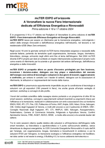 mcTER EXPO all'orizzonte. A Veronafiere la nuova Fiera Internazionale dedicata all'Efficienza Energetica e Rinnovabili