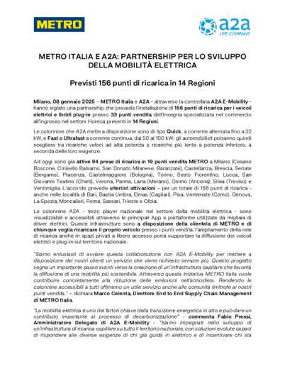 METRO Italia e A2A: partnership per lo sviluppo della mobilit elettrica