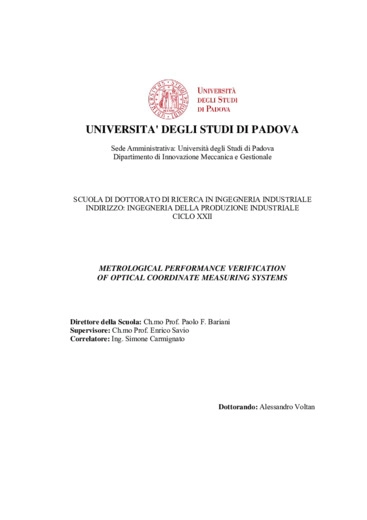 Metrological performance verification of optical Coordinate Measuring Systems