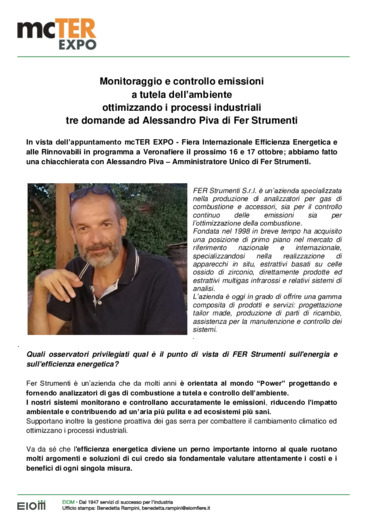 Monitoraggio e controllo emissioni a tutela e controllo dell'ambiente: tre domande ad Alessandro Piva di Fer Strumenti