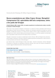Nuova acquisizione per Atlas Copco Group: Baraghini Compressori Srl, specialista dell'aria compressa, entra a far parte del Gruppo