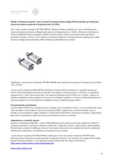 Nuovi sensori di potenza della famiglia R&S Essentials per effettuare misure accurate su gamme di frequenza fino a 18 GHz