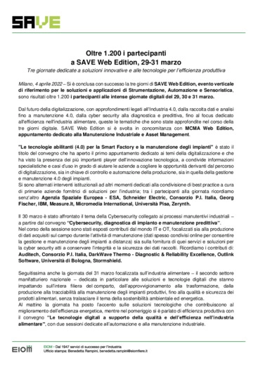 Oltre 1.200 i partecipanti a SAVE Web Edition, 29-31 marzo.Tre giornate dedicate a soluzioni innovative e alle tecnologie per l'efficienza produttiva