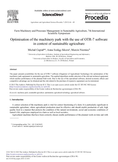 Optimisation of the machinery park with the use of OTR-7