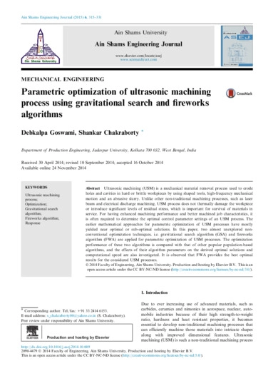 Parametric optimization of ultrasonic machining process using gravitational search and fireworks algorithms