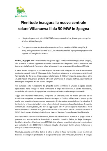 Plenitude inaugura la nuova centrale solare Villanueva II da 50 MW in Spagna