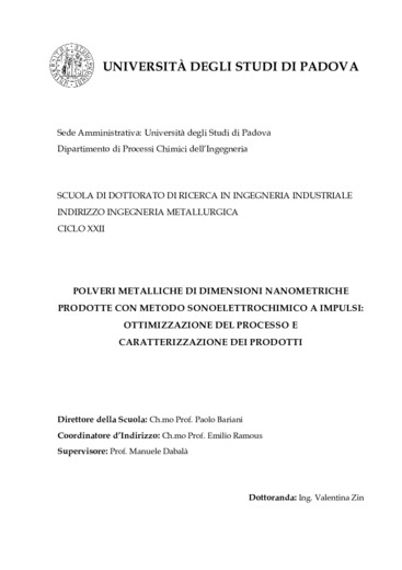  Polveri metalliche di dimensioni nanometriche prodotte con metodo sonoelettrochimico