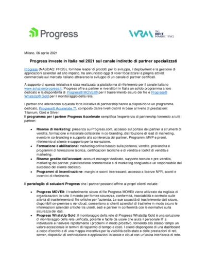 Progress investe in Italia nel 2021 sul canale indiretto di partner specializzati