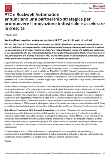 PTC e Rockwell Automation annunciano una partnership per promuovere l