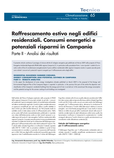 Raffrescamento estivo negli edifici residenziali. Consumi energetici e potenziali risparmi