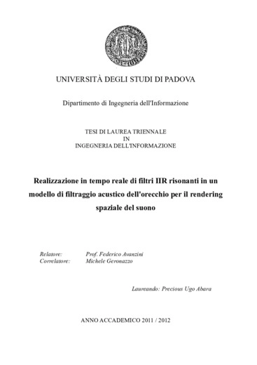 Realizzazione in tmpo rele di filtri IIR risonanti in un