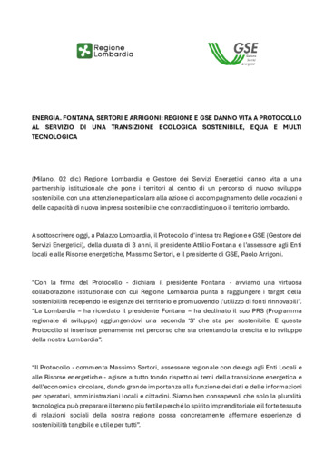 Regione Lombardia e GSE danno vita a protocollo al servizio di una transizione ecologica sostenibile, equa e multi tecnologica