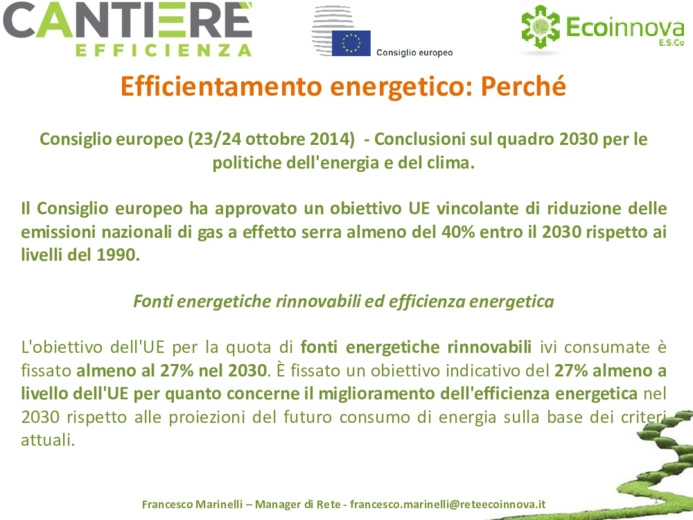 Rete Ecoinnova ESCo: Il ruolo delle ESCo ed il sistema degli incentivi per lefficienza energetica