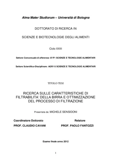 Ricerca sulle caratteristiche di filtrabilità della birra e ottimizzazione del