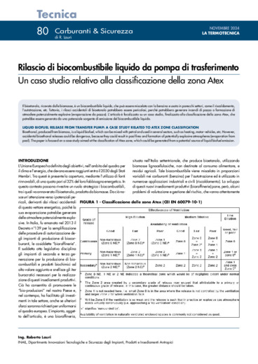 Rilascio di biocombustibile liquido da pompa di trasferimento. Un caso studio relativo alla classificazione della zona Atex