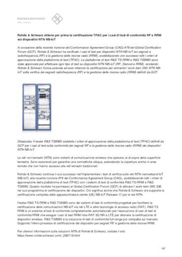 Rohde & Schwarz ottiene per prima la certificazione TPAC per i casi di test di conformit RF e RRM sui dispositivi NTN NB-IoT