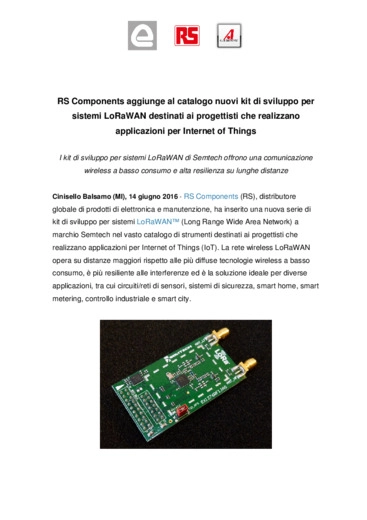 RS Components aggiunge al catalogo nuovi kit di sviluppo LoRaWAN destinati alle applicazioni per Internet of Things