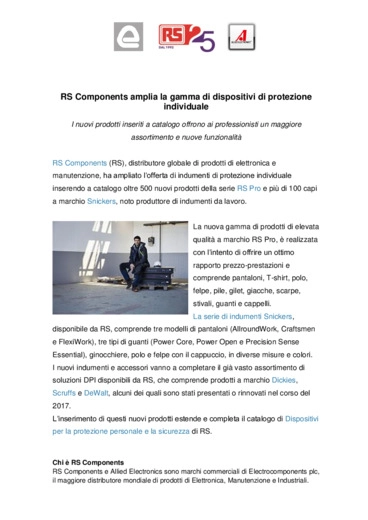 RS Components amplia la gamma di dispositivi di protezione individuale