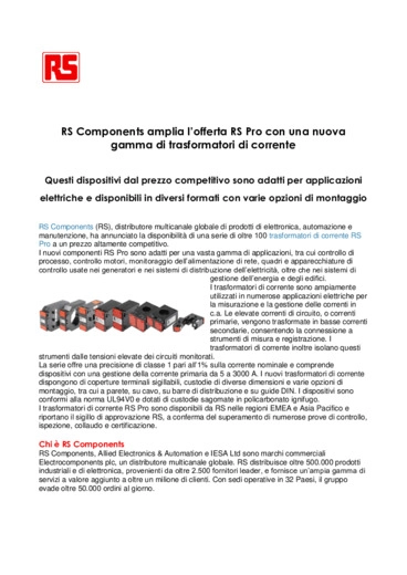 RS Components amplia lofferta RS Pro con una nuova gamma di trasformatori di corrente