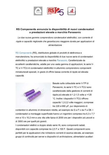 RS Components annuncia la disponibilità di nuovi condensatori a prestazioni