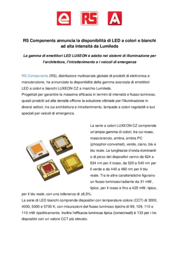 RS Components annuncia la disponibilità di LED a colori e