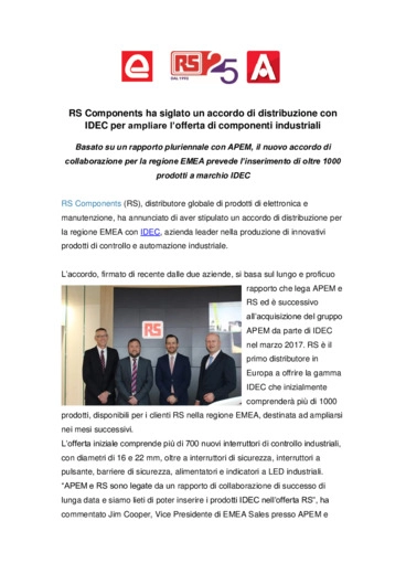 RS Components ha siglato un accordo di distribuzione con IDEC