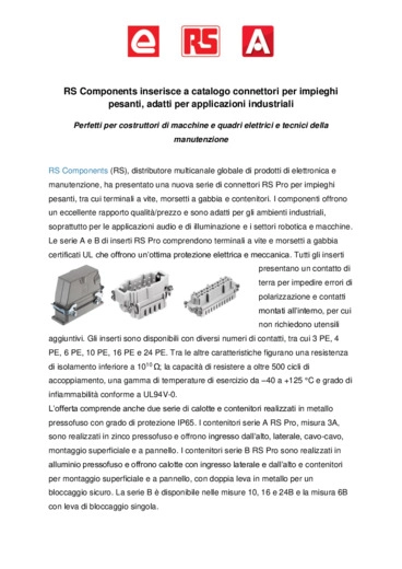 RS Components inserisce a catalogo connettori per impieghi pesanti, adatti