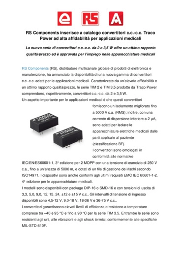 RS Components inserisce a catalogo convertitori c.c.-c.c. Traco Power ad