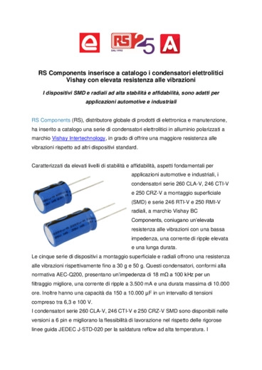 RS Components inserisce a catalogo i condensatori elettrolitici Vishay con