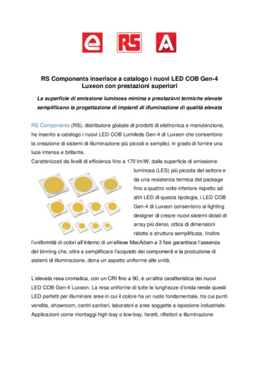 RS Components inserisce a catalogo i nuovi LED COB Gen-4