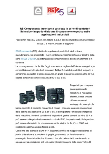 RS Components inserisce a catalogo la serie di contattori Schneider