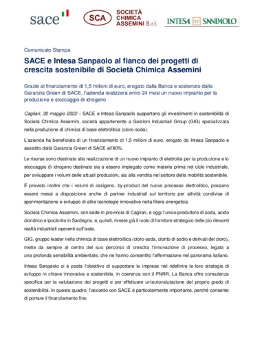 SACE e Intesa Sanpaolo al fianco di Societ Chimica Assemini: nuovo impianto di elettrolisi per la produzione e lo stoccaggio di idrogeno