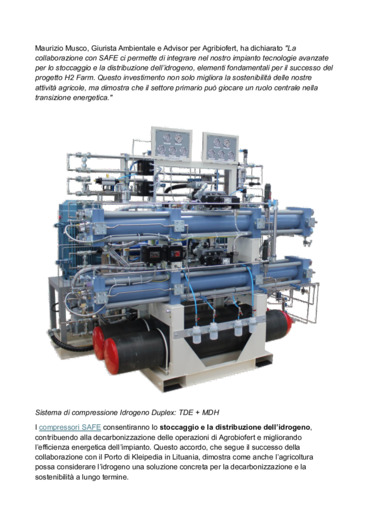 SAFE S.p.A. sigla un accordo con Agrobiofert S.r.l. per la fornitura di due compressori a idrogeno destinati al progetto H2 Farm in Sicilia.