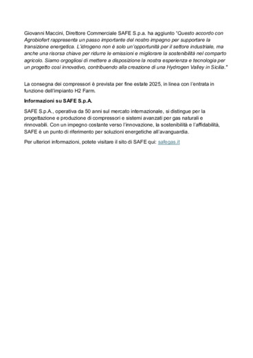 SAFE S.p.A. sigla un accordo con Agrobiofert S.r.l. per la fornitura di due compressori a idrogeno destinati al progetto H2 Farm in Sicilia.