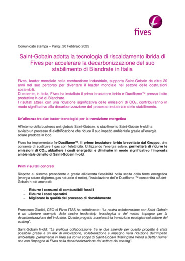 Saint-Gobain adotta la tecnologia di riscaldamento ibrida di Fives per accelerare la decarbonizzazione del suo stabilimento di Biandrate in Italia