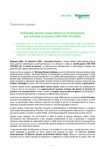 Schneider Electric Italia ottiene la Certificazione per la Parit di Genere (UNI PDR 125:2022)