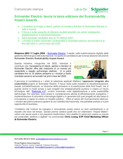 Schneider Electric lancia la terza edizione dei Sustainability Impact Awards
