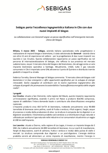 Sebigas porta l'eccellenza ingegneristica italiana in Cile con due nuovi impianti di biogas