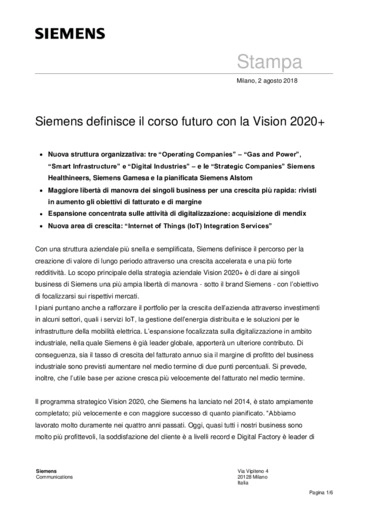 Siemens definisce il corso futuro con la Vision 2020+