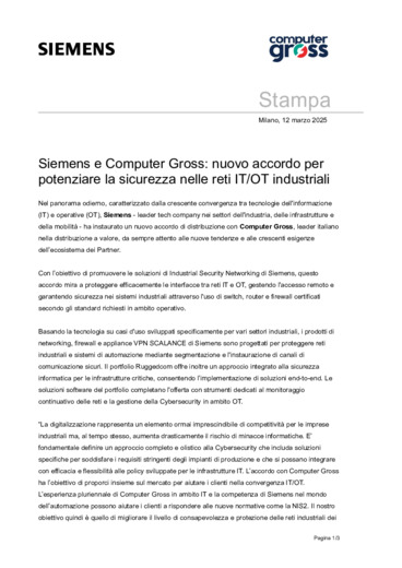 Siemens e Computer Gross: nuovo accordo per potenziare la sicurezza