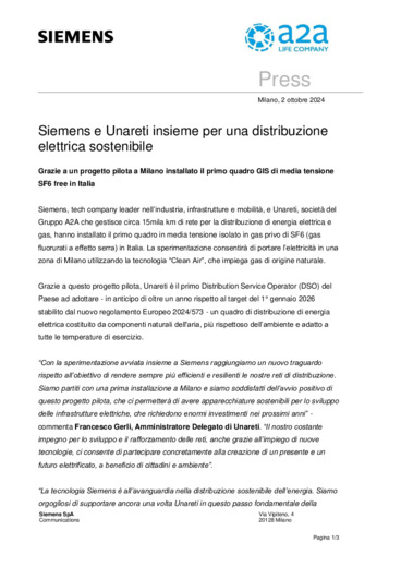 Siemens e Unareti insieme per una distribuzione elettrica sostenibile