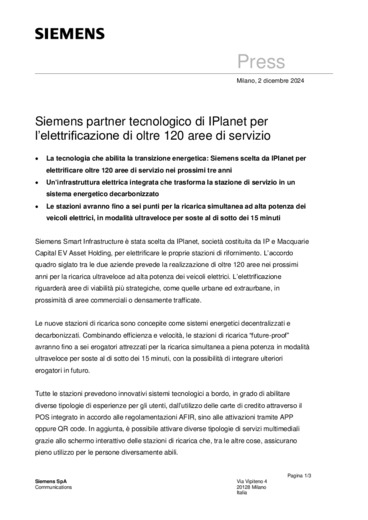 Siemens partner tecnologico di IPlanet per l'elettrificazione di oltre 120 aree di servizio