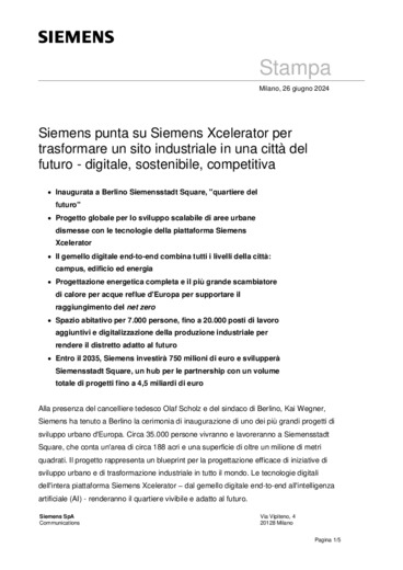 Siemens punta su Siemens Xcelerator per trasformare un sito industriale in una citt del futuro - digitale, sostenibile, competitiva